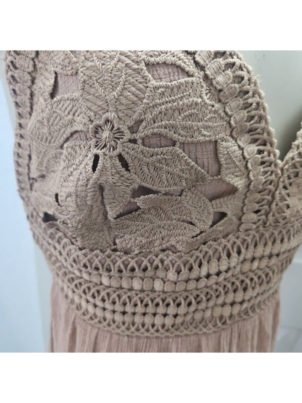Love Tree Boho Maxi Dress L Beige Open Back Crochet Festival Beach Cottagecore - Picture 5 of 16